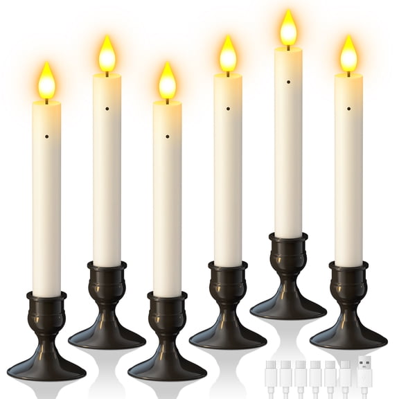 PChero 6Pcs Sensor Dawn to Dusk Window Candles, Rechargeable Candlesticks with Holders, Flickering Flameless Battery Operated LED Taper Candles for Window Halloween Christmas Wedding Home Decor