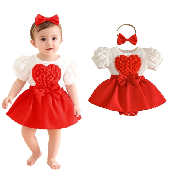 Girls Valentines Day Outfit Short Sleeve Heart Embroidery Romper Tutu Dress with Bow Headband Set Cute Baby Girl Outfit Girl Outfits 12-18 Months