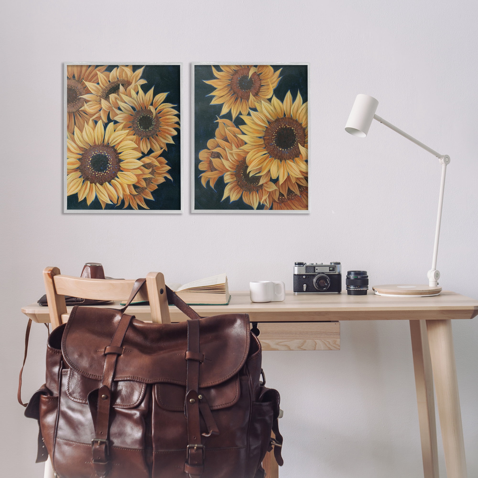 Stupell Industries Sunflowers on Black Botanical & Floral Painting Gray Framed Art Print Wall Art, 16 x 20, Set of 2
