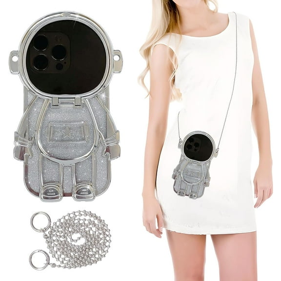 Astronaut iPhone 14 Pro Max Case, Cute Bling Plating 6D Astronaut Lens Camera Protection Phone Case with Strap for Women Girls Boys, Hidden Stand Shockproof Protective Clear Case (Silver)