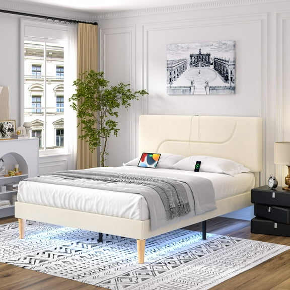 VECELO Full Bed Frame with Headboard & Charging Station, Upholstered Platform Bed with LED Lights, Wood Slats Support, No Box Spring Needed, Beige