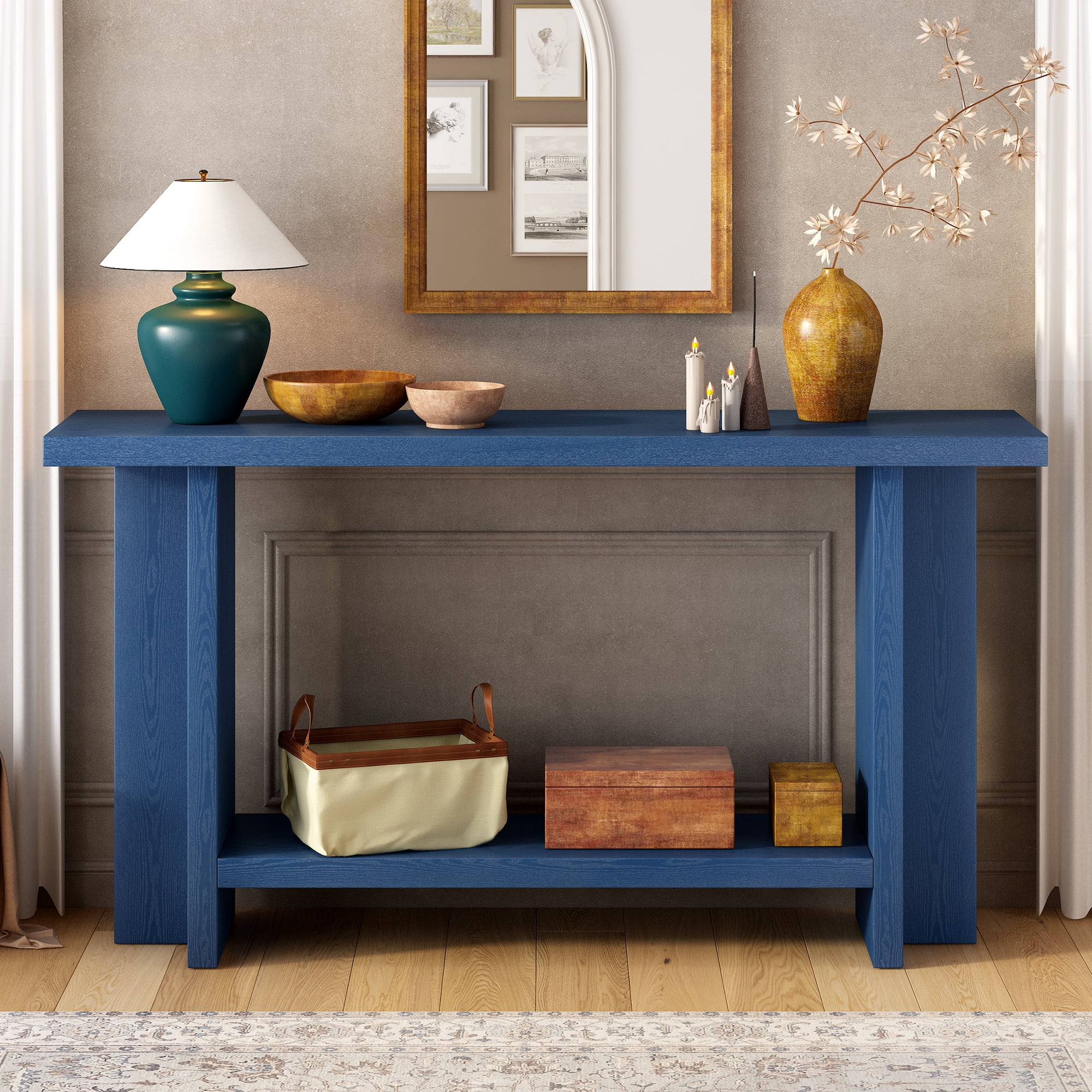 Euroco 60" Long Console Table, Retro Wood Entryway Table with T Shaped Legs and Bottom Storage Shelf, Sofa Table for Living Room, Entrance,Hallway, Foyer,Navy Blue