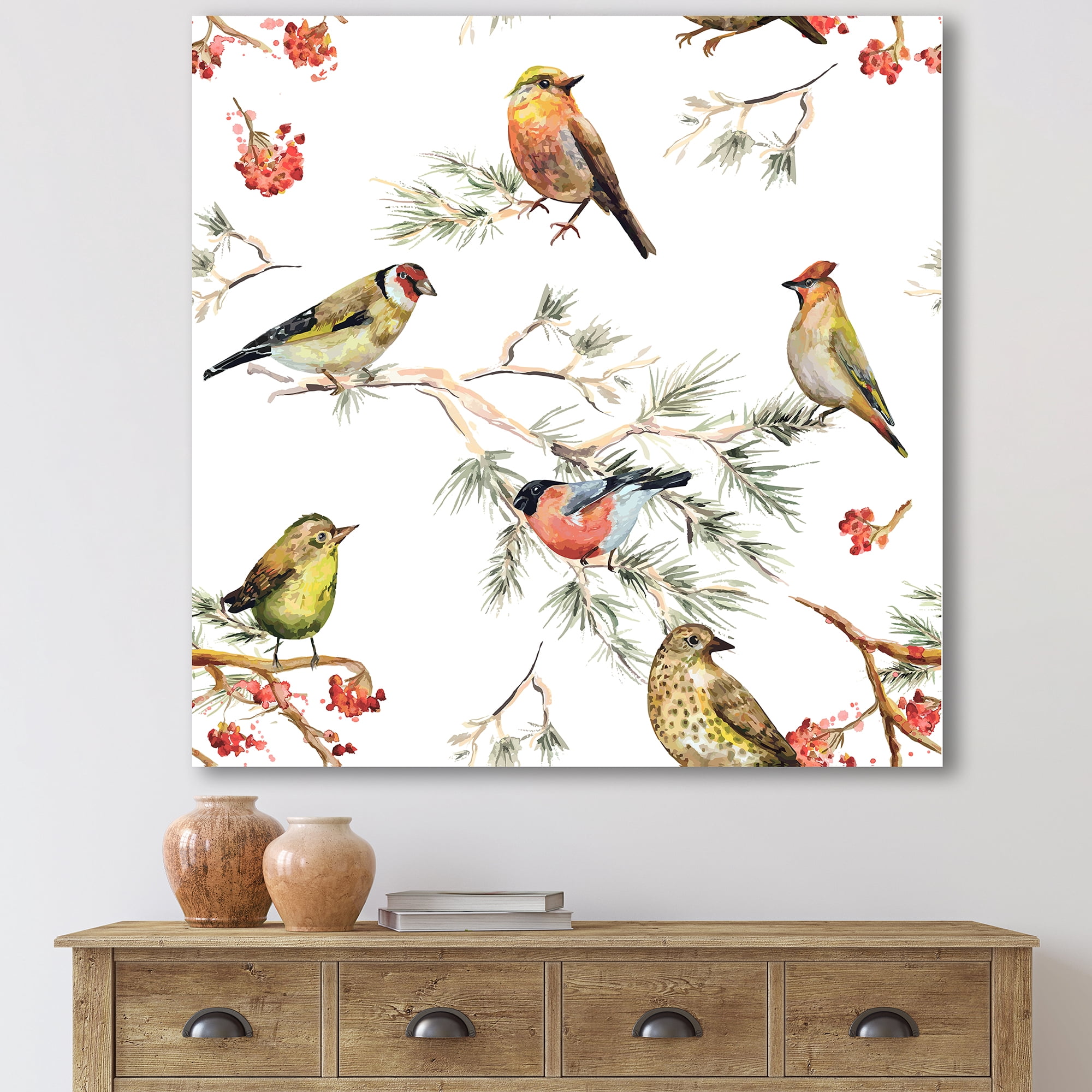 Designart ' Forest Birds Sitting On Branches ' Traditional Canvas Wall Art Print
