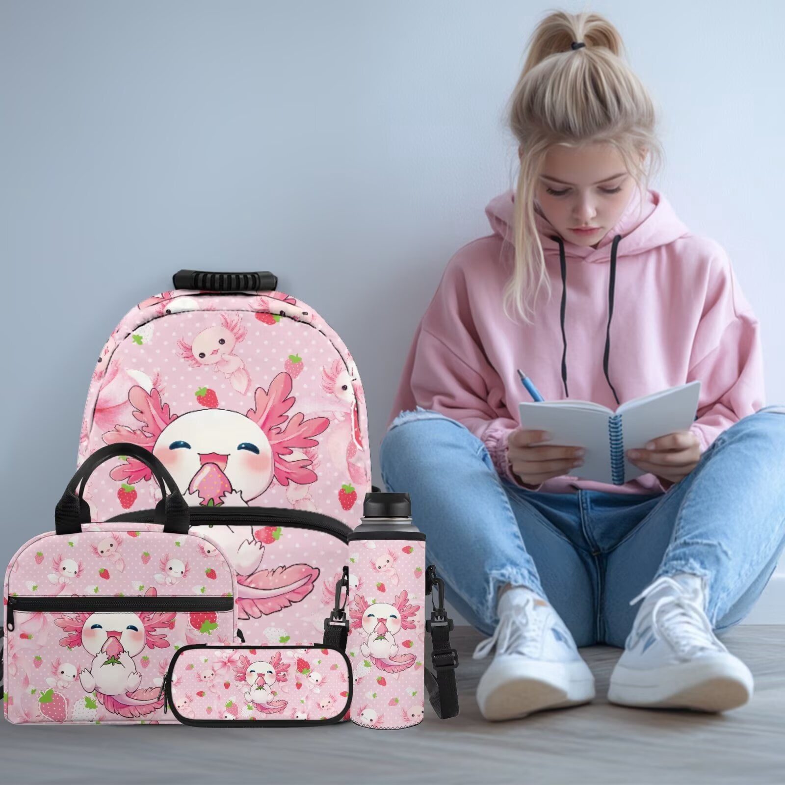 Pzuqiu Strawberry Axolotl School Backpack Set for Girls 8-12 4PCS Sports Bookbag Back Pack Lunch Bag with Pencil Box Water Bottle Holder 17 Inch Daypack Camping Bags for Teens