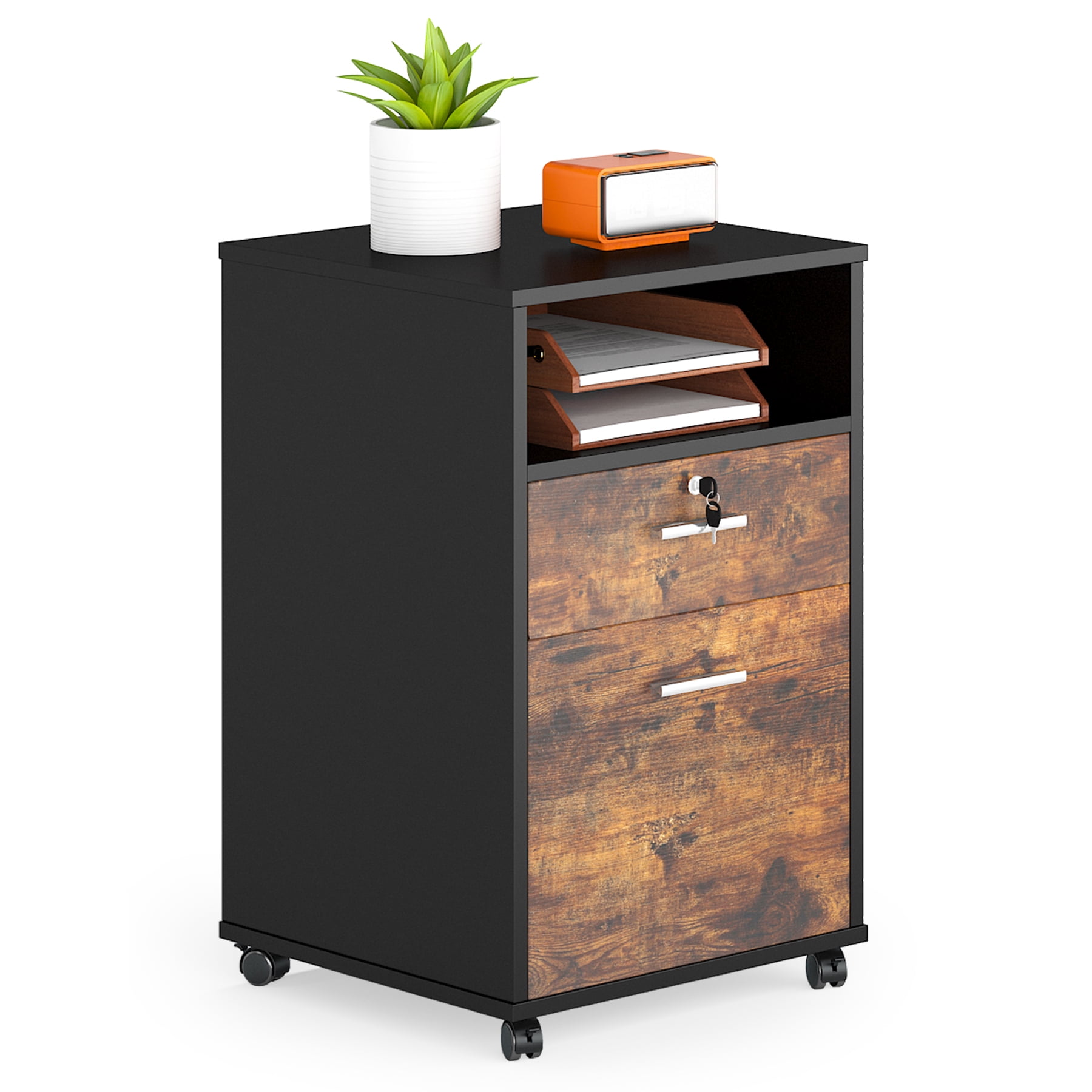 Fnova 2-Drawer Mobile File Cabinet with Rollers, Wood Modern Filing Cabinet with Lock and Key for Letter Size, Caninet with Open Shelf for Home Office, Brown