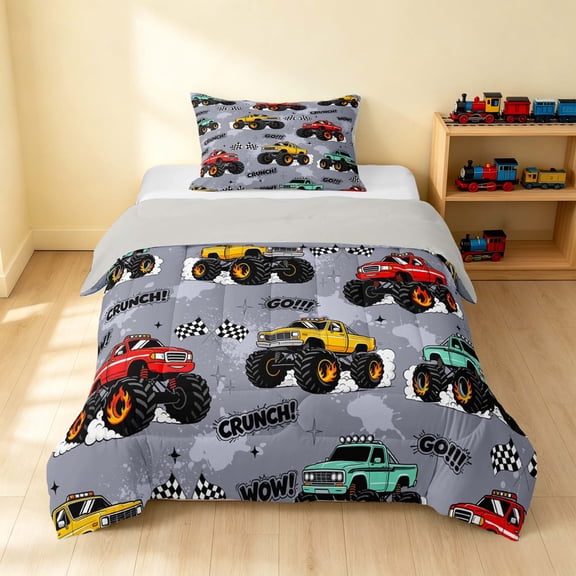 Erosebridal Monster Truck Twin Comforter Sets, Checkered Flag Bedding Set, Gray White, Gray Reversible 2-Piece 1 Comforter and 1 Pillowcase