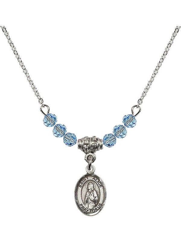 Bonyak Jewelry 18 Inch Rhodium Plated Necklace w/ 4mm Blue March Birth Month Stone Beads and Saint Alice Charm 