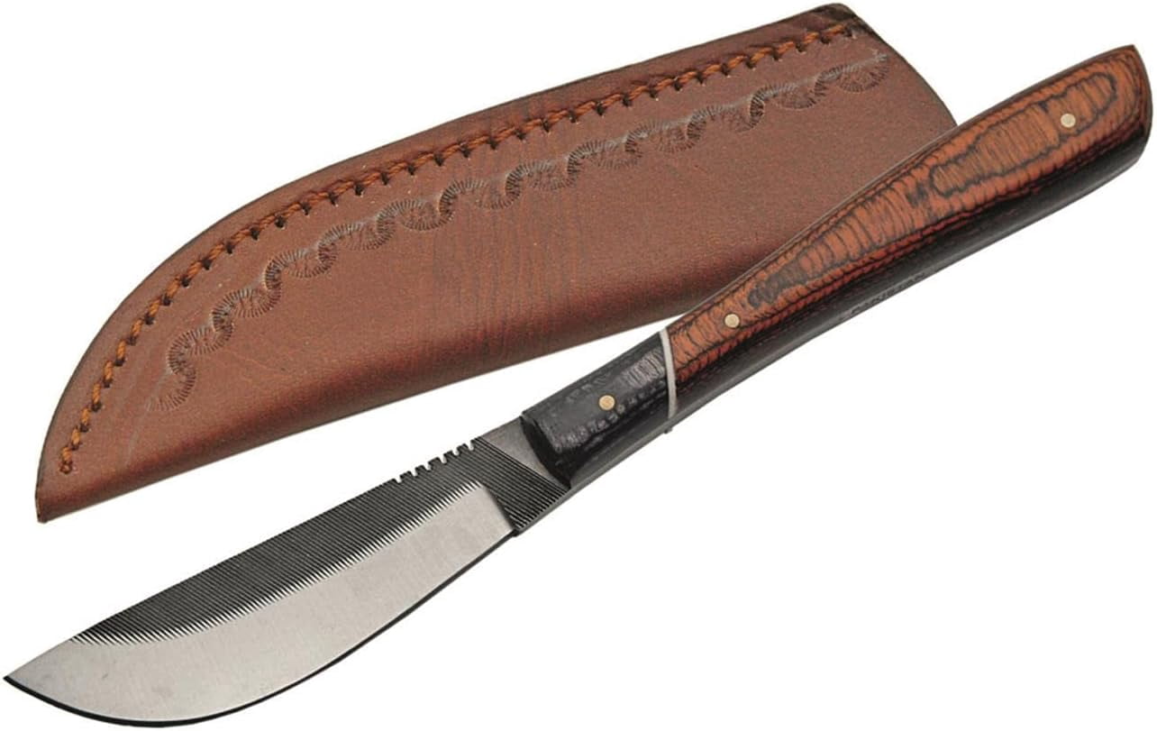 SZCO 8.5-Inch File Steel Skinner Knife Carbon Steel Fixed Blade with Long-Profile Pakkawood Handle and Hand-Stitched Leather Sheath