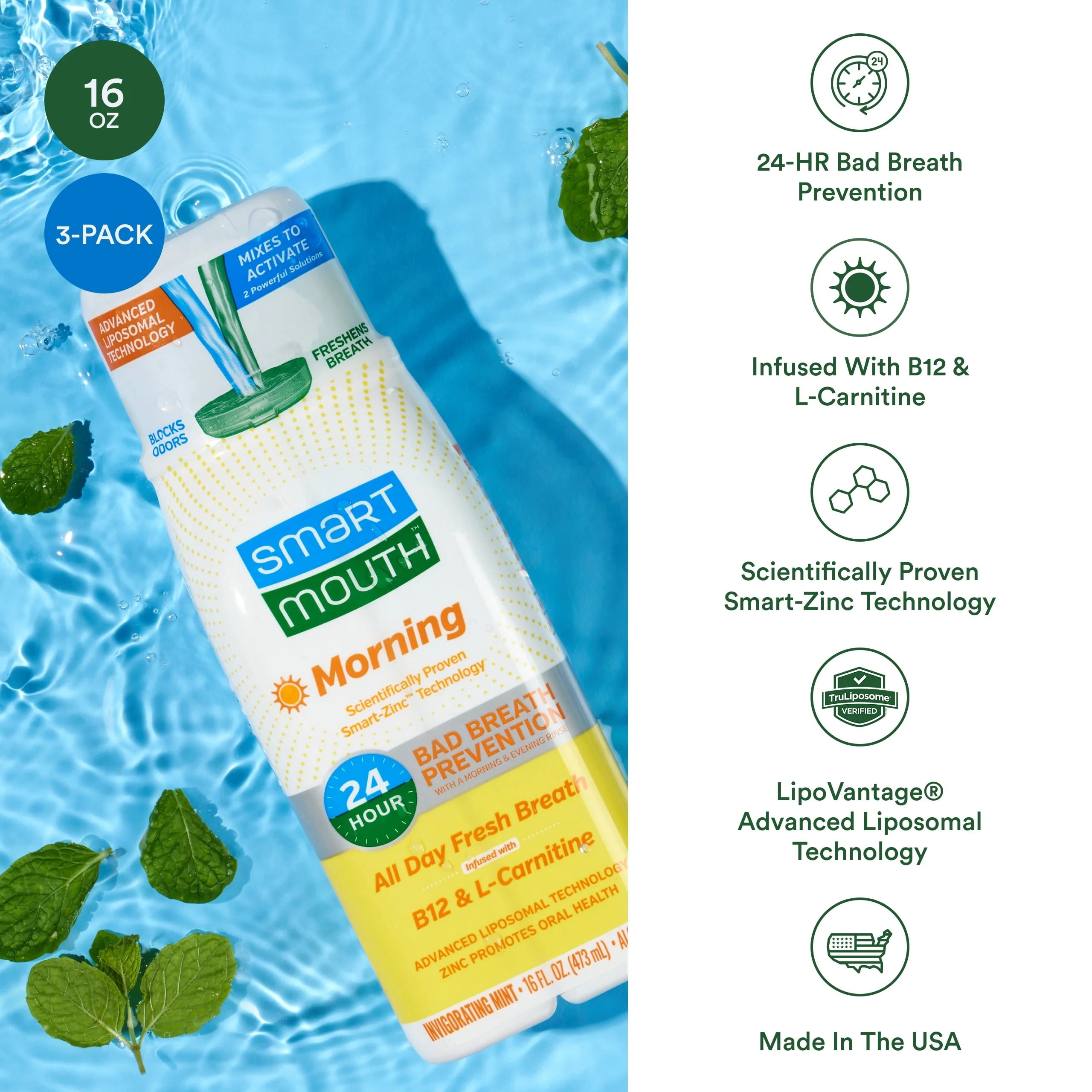 SmartMouth Advanced Liposomal Morning Mouthwash - All-Day Fresh Breath - Vitamin B12 & L-Carnitine - Dual-Solution Zinc-Activated Morning Mouthwash - Invigorating Mint Flavor - 16 fl oz Each, 3-Pack