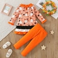thumbnail image 4 of GYRATEDREAM Toddler Baby Girls Halloween Clothing Set 2 Pcs Kids Crewneck Ghost Pumpkin Long Sleeve T-Shirts Tees Pullover Shirts Tops + Stripe Pant Outfits for 1-8 Years Orange, 4 of 8