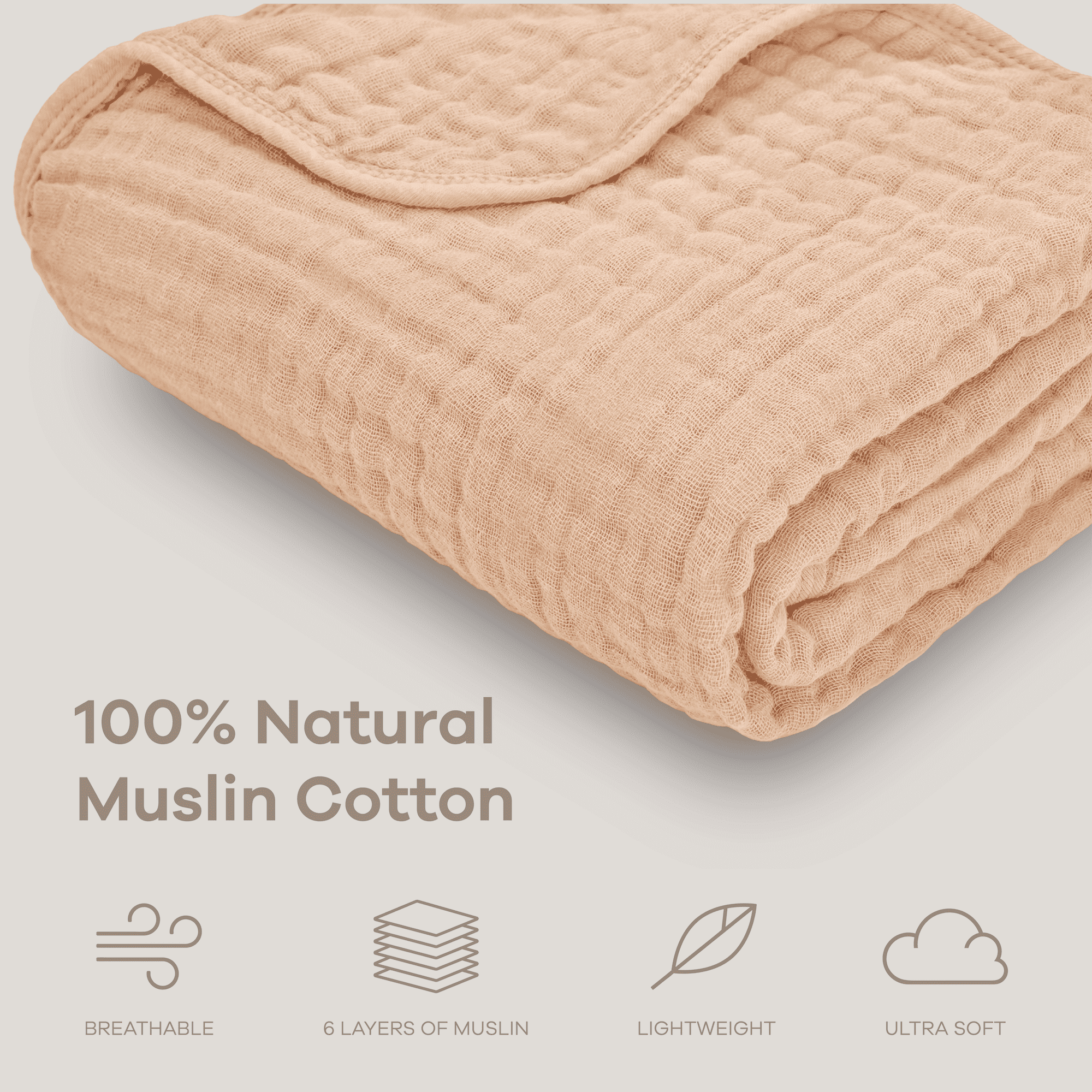 Comfy Cubs Baby Muslin Blanket, Swaddle for Newborns, Large 40” x 40”, 6-Layer (Cream, Baby)