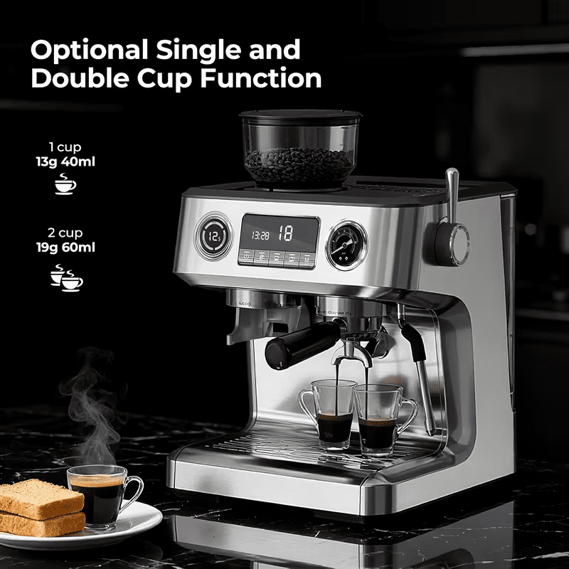 Auseo Espresso Machine with Grinder, Dual Boiler 20 Bar Espresso Machines with Milk Frother Steam Wand, Espresso/Cappuccino/Latte/Mocha, Commercial Espresso Coffee Machines, Stainless Steel