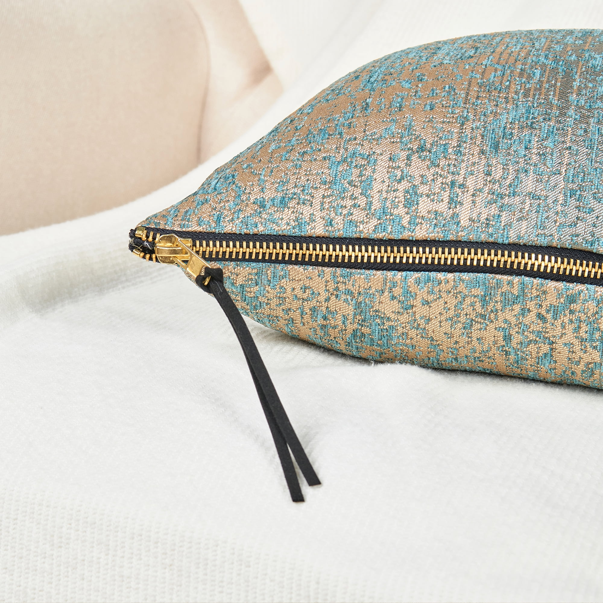 Home Soft Things Jacquard Chenille Big Zipper Throw Pillow Cover 2 Piece Set - Teal/Camel - 20" x 20"