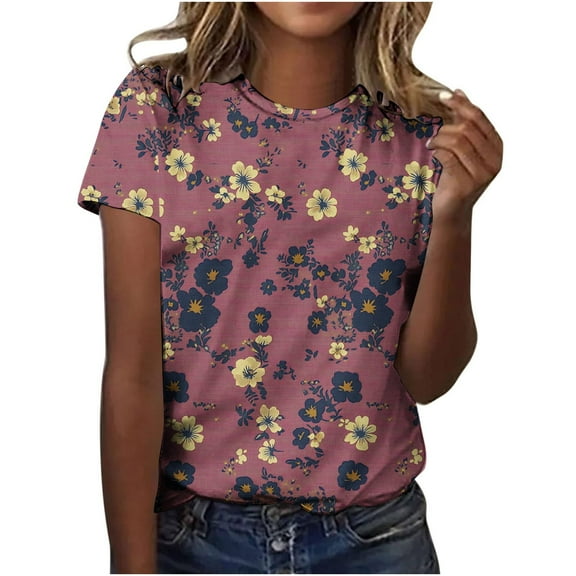 jtjvou Women's Summer Short Sleeve Shirts Round Neck Tees Floral Tuinc Trendy Fashion Going out Tops for Teen Casual Loose Lady Multicolor,L