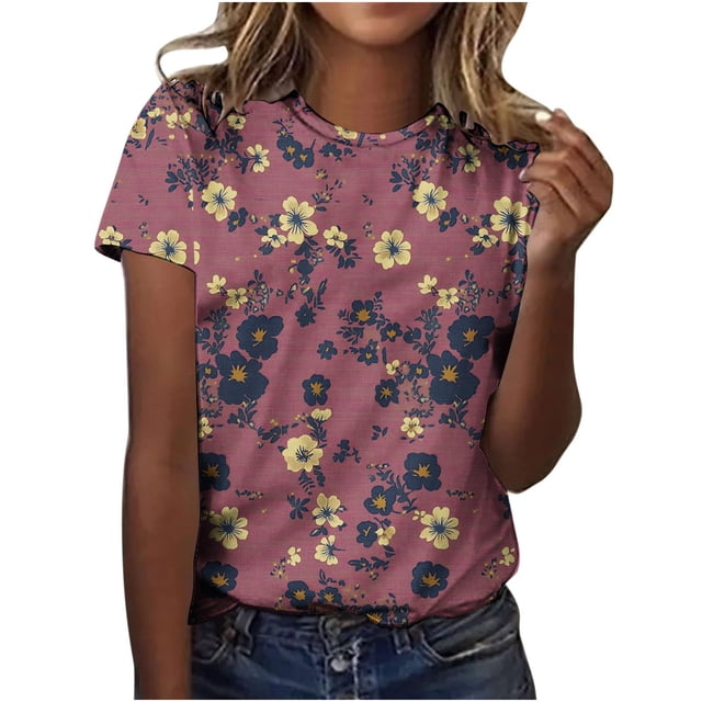 Pisexur Hauts d'Été pour Femmes, Blouses Habillées Décontractées pour Femmes, Hauts à la Mode pour Femmes, Chandail Décontracté Imprimé à Manches Courtes Col Rond, Grande Taille pour Femmes Multicolore, L
