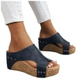 thumbnail image 5 of TANGQIOP Women'S Wedge Platform Slides Peep-Toe Sandals Casual Solid Leather Slip On Trendy for Beach Vintage Outdoors Navy 36, 5 of 9