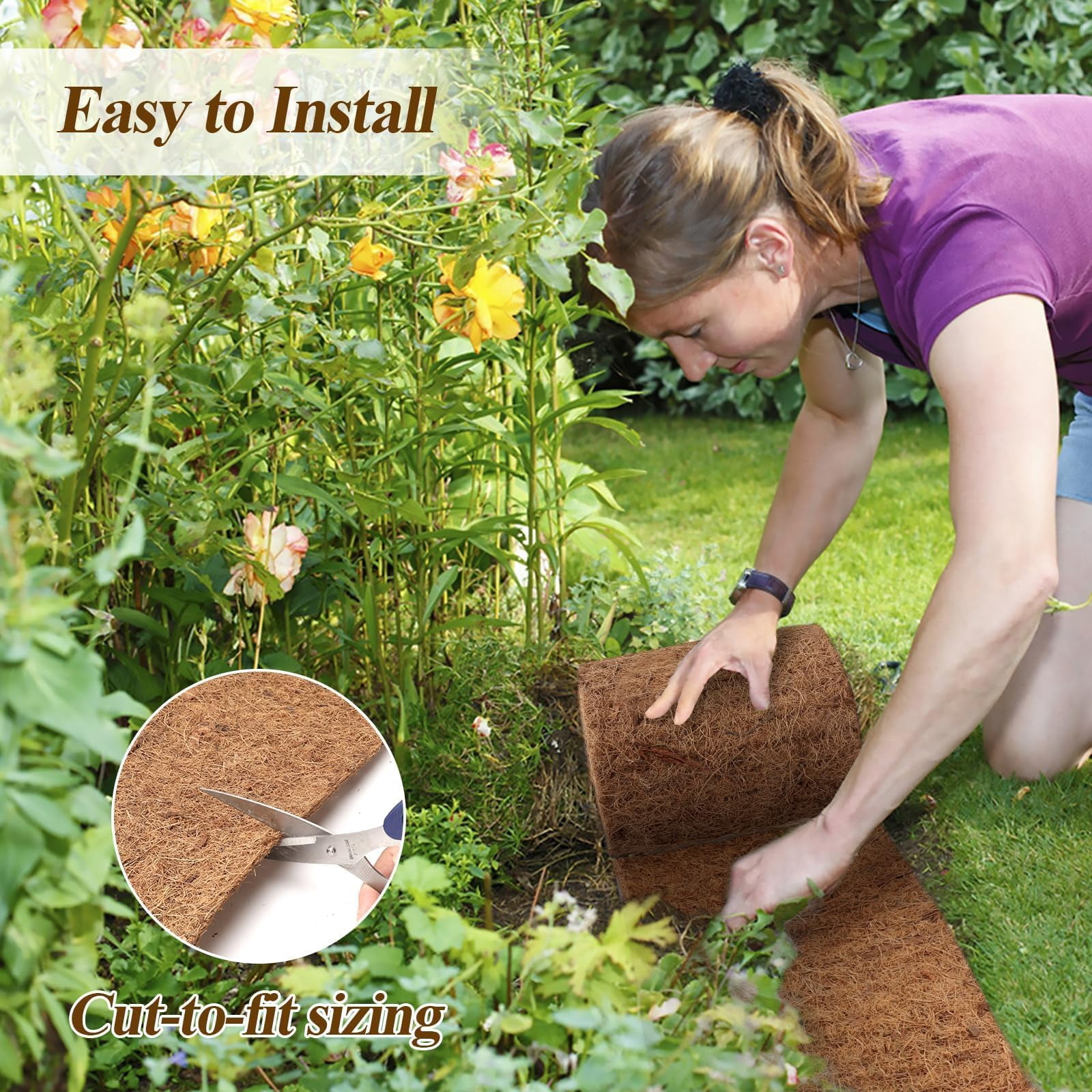 Natural Mulch for Landscaping 120" X 6.3", Coconut Fiber Mulch Mat Roll with 16 U-Shaped Steel Stakes, Garden Edging Border Mat Natural Looking Permanent Mulch Barrier for Plants Vegetables & Flowers