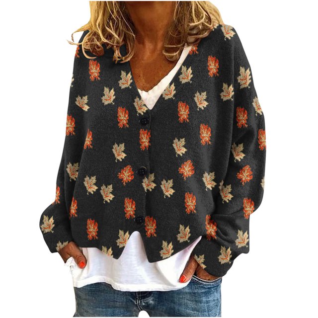 Puntoco Chaqueta De Punto Informal Con Estampado De Hojas Para Mujer, Chaqueta Con Botones, Abrigo De Felpa, Para Otoño E Invierno