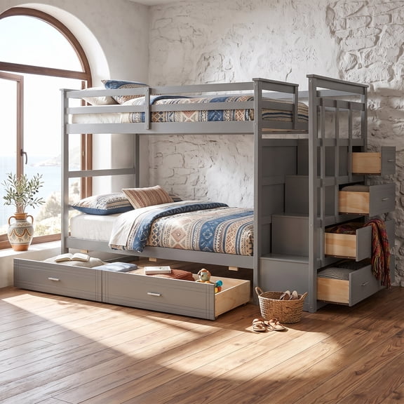 Harper & Bright Designs Stairway Bunk Bed Twin over Twin, Wooden Twin Size Bunk Bed Frame with 6 Storage Drawers and Staircase for Boys and Girls Adults, Gray