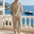 thumbnail image 2 of Felirenzacia Casual Summer Matching Set for Men – Cotton Linen Henley Shirt and Drawstring Pants, Long Sleeve Lightweight Yoga Outfit for Travel, Lounge, and Beach Wear, 2 of 7