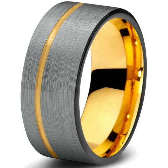 P. Manoukian Tungsten Wedding Band Ring 9mm for Men Women Black & 18K Yellow Gold Plated Pipe Cut Brushed Polished Lifetime Guarantee Size 4
