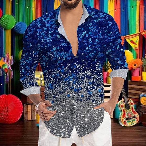Mens Shirts Carnival Glitter Sequin Print Party Long Sleeve Button Down Top Casual Festival Celebration Comfortable Shirt for Men Blue L