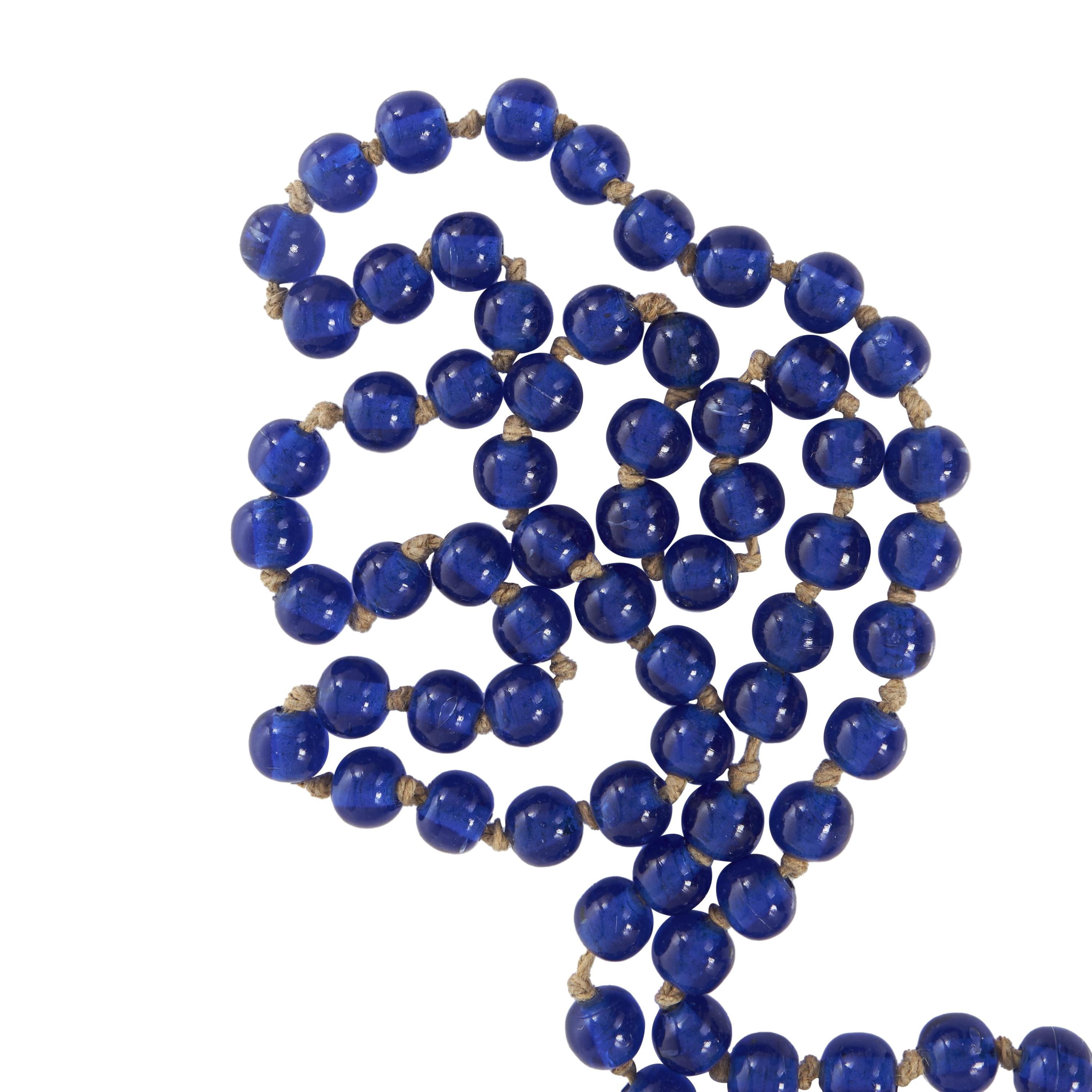 DecMode Handmade Round Long Blue Glass Garland with Tassel with Knotted Brown Jute