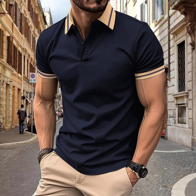 Blusa y camisa de manga corta con cuello vuelto para hombre, moda de ocio, color sólido, versátil, cuello vuelto, manga corta, abrigo de poliéster para hombre