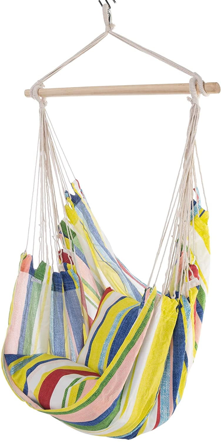 3.3' Multicolor Striped Cushioned Hanging Hammock Chair with Wooden Spreader Bar