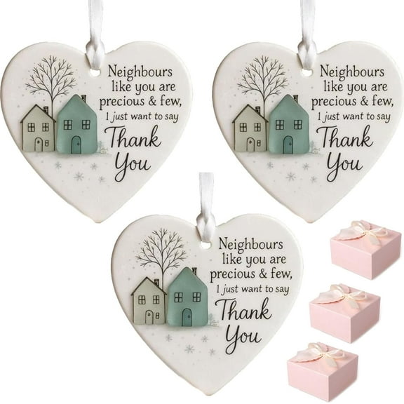 Gloryboom Thank You Neighbours Heart - Shaped Ornament, Gloryboom Heart Shaped Sea Glass Neighbor Christmas Ornaments, Housewarming Moving Away Gifts for Neighbor (3 PCS)