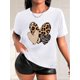 thumbnail image 1 of Camiseta Para Mujer De Verano Para Uso Diario, Viajes, DesplazamientosWomen's Romance Style Crew Neck T-Shirt, 100% Polyester Knit Fabric with Medium Stretch, Leopard & Striped Heart Print, Casual F, 1 of 7