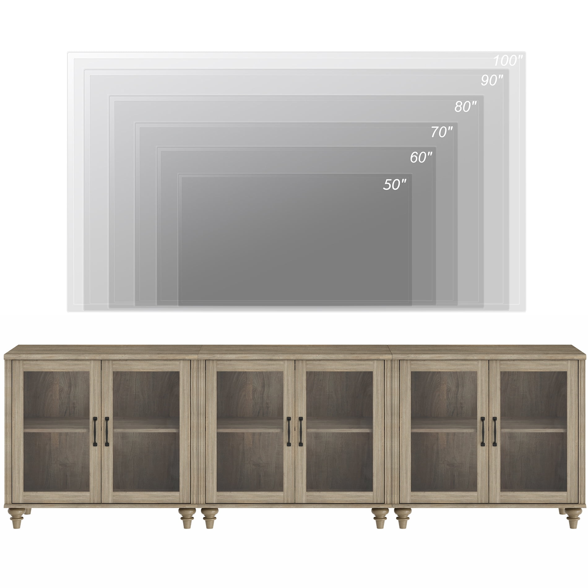 Farmhouse Style 100 inch TV Stand, Console Table with 6 Glass Doors for Living Room or Bedroom, Wash Gray, All Dimension: 101.6"×15.7"×30.9"(L×W×H)