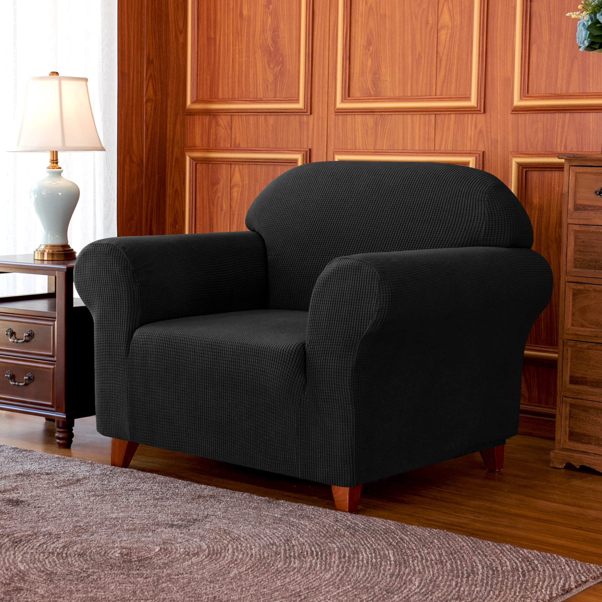 Subrtex Stretch 1-Piece Textured Grid Armchair Slipcover, Black