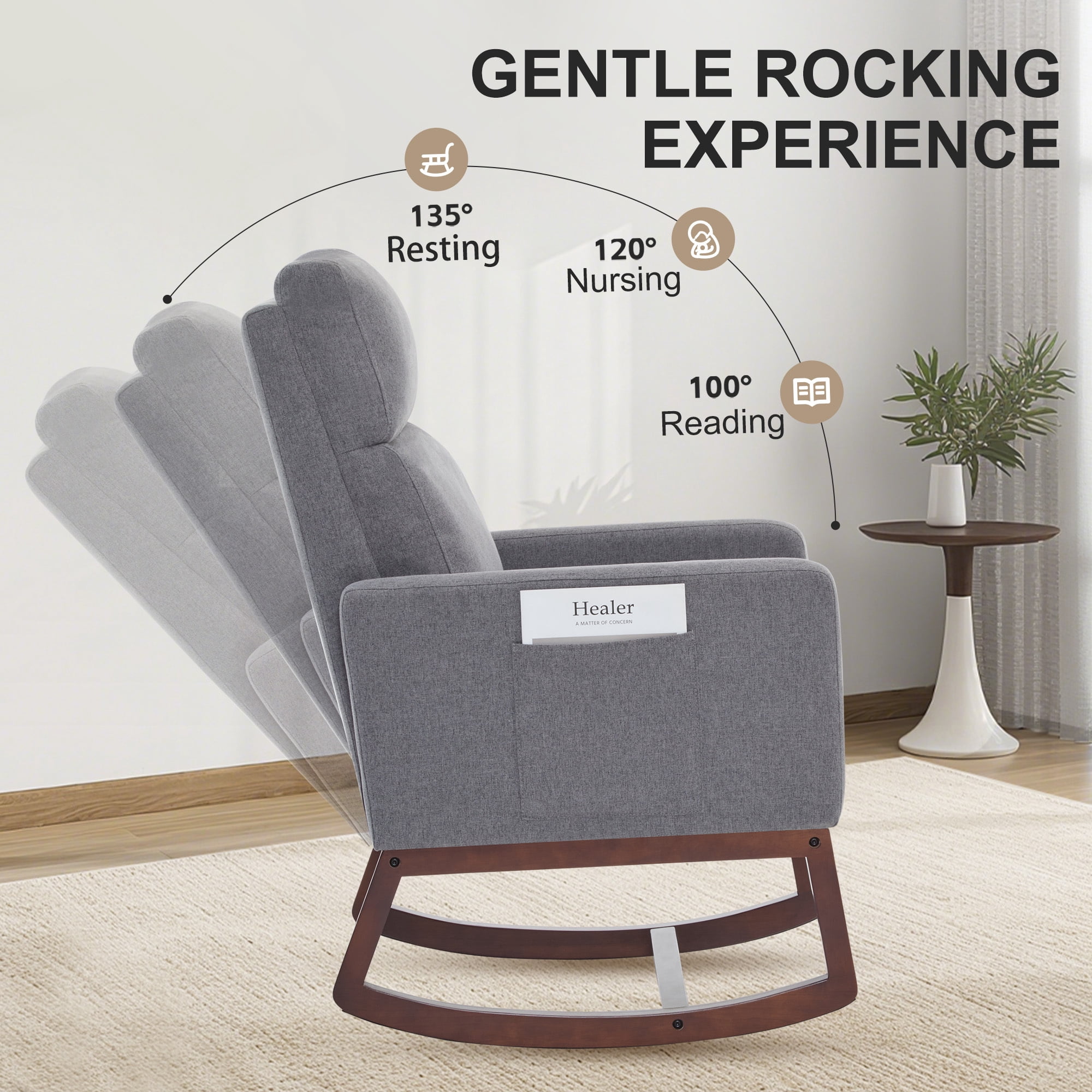 SAETSFEG Rocking Chair Nursery,Linen Upholstered Glider Rocker with Side Pocket and Wood Legs, Modern Accent Chair for Small Space, Living Room, Bedroom, Grey