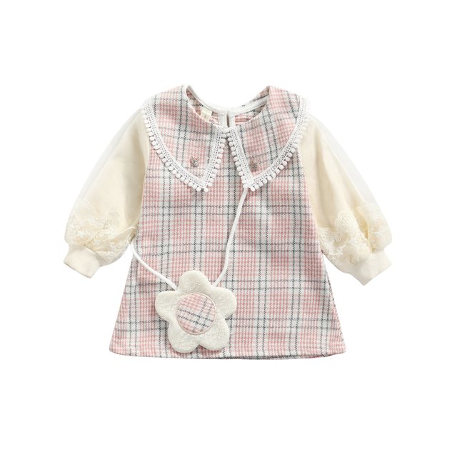 Xingqing 2 Pcs Robe Midi à Carreaux pour Tout-Petits, Enfants, Bébés Filles, avec Joint en Maille, Sac en Forme de Fleur