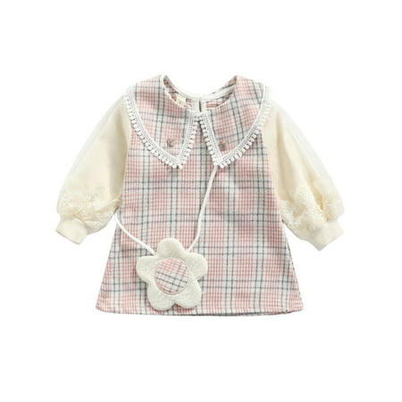

Nokpsedcb 2PCS Toddler Kid Baby Girls Plaid Print Mesh-Joint Midi Dress Flower Shaped Bag Pink 3-4 Years