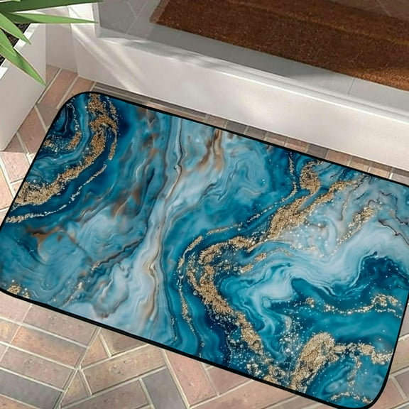 PHYHOO Marble Kitchen Rugs Abstract Blue Texture Gold Modern Ink Art Decor Kitchen Floor Mat Cushioned Padded Comfort Standing Runner Rugs 19.68*39.37 in
