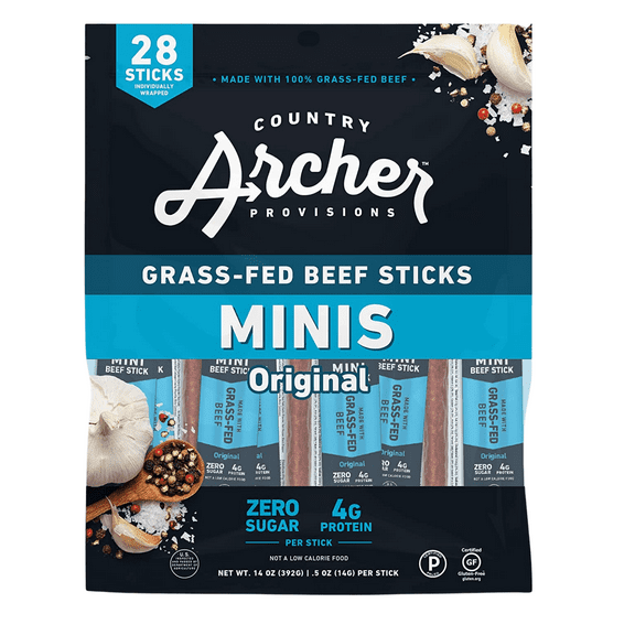 Country Archer Grass Fed Original Mini Beef Sticks, 100% Grass Fed Beef, Mini Original 28 Count