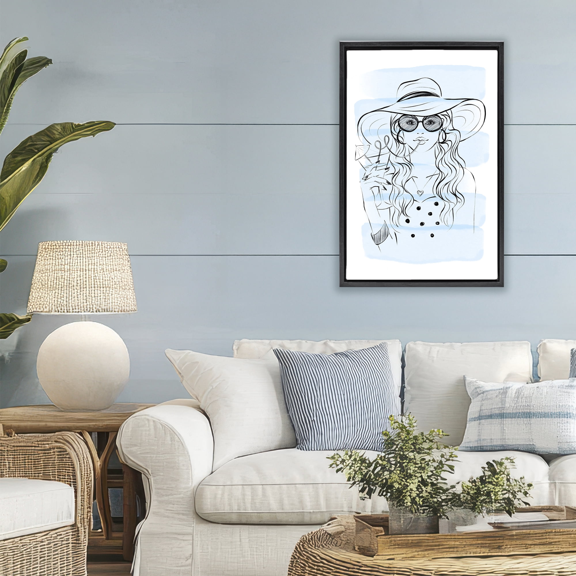 Stupell Industries Sipping Drink Girl in Sun Hat Black Framed Floater Canvas Wall Art, design by Martina Pavlova
