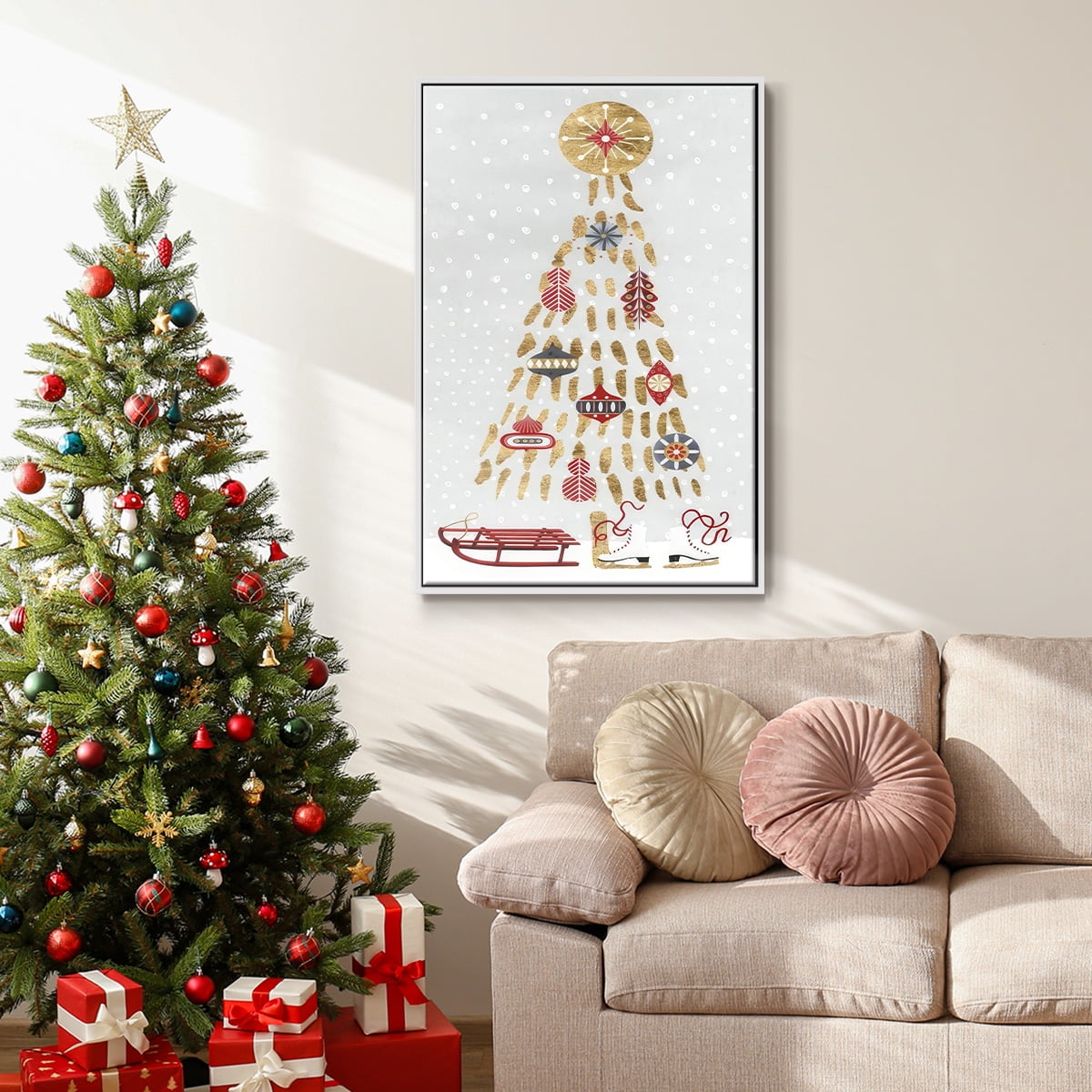 Christmas Chalet Collection B - Framed Gallery Wrapped Holiday Canvas - 17 x 25 - White Frame