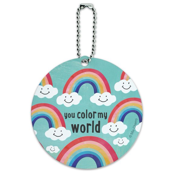 You Color My World Rainbows Happy Clouds Round Luggage ID Tag Card Suitcase Carry-On