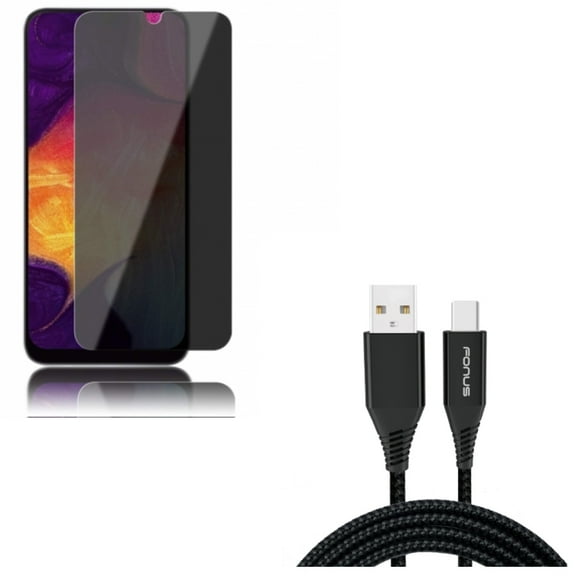 Galaxy A50/A20 Tempered Glass Privacy Screen Protector w Type-C 6ft USB Cable - Anti-Spy Anti-Peep 3D Edge, Charger Cord Power Wire for Samsung Galaxy A50/A20
