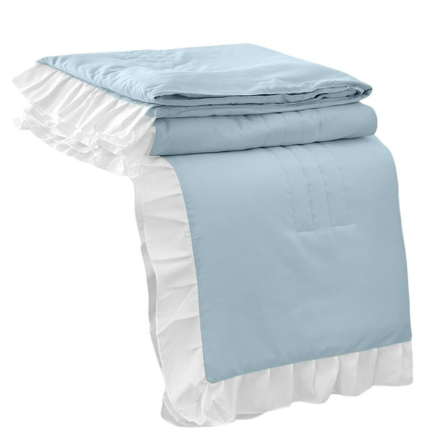 yulier Cooling Comforter Twin, Summer Ruffled Quilt 60"x80" Ruffle Comforter for Women, Soft Lightweight Thin Comforter for All Season, Light Blue