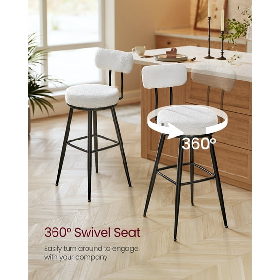 Set of 2 Modern Swivel Bar Stools with Boucle Fabric, 360° Rotation and Wide Seat, 30.1" Bar Height Stools with Backrest, Cloud White