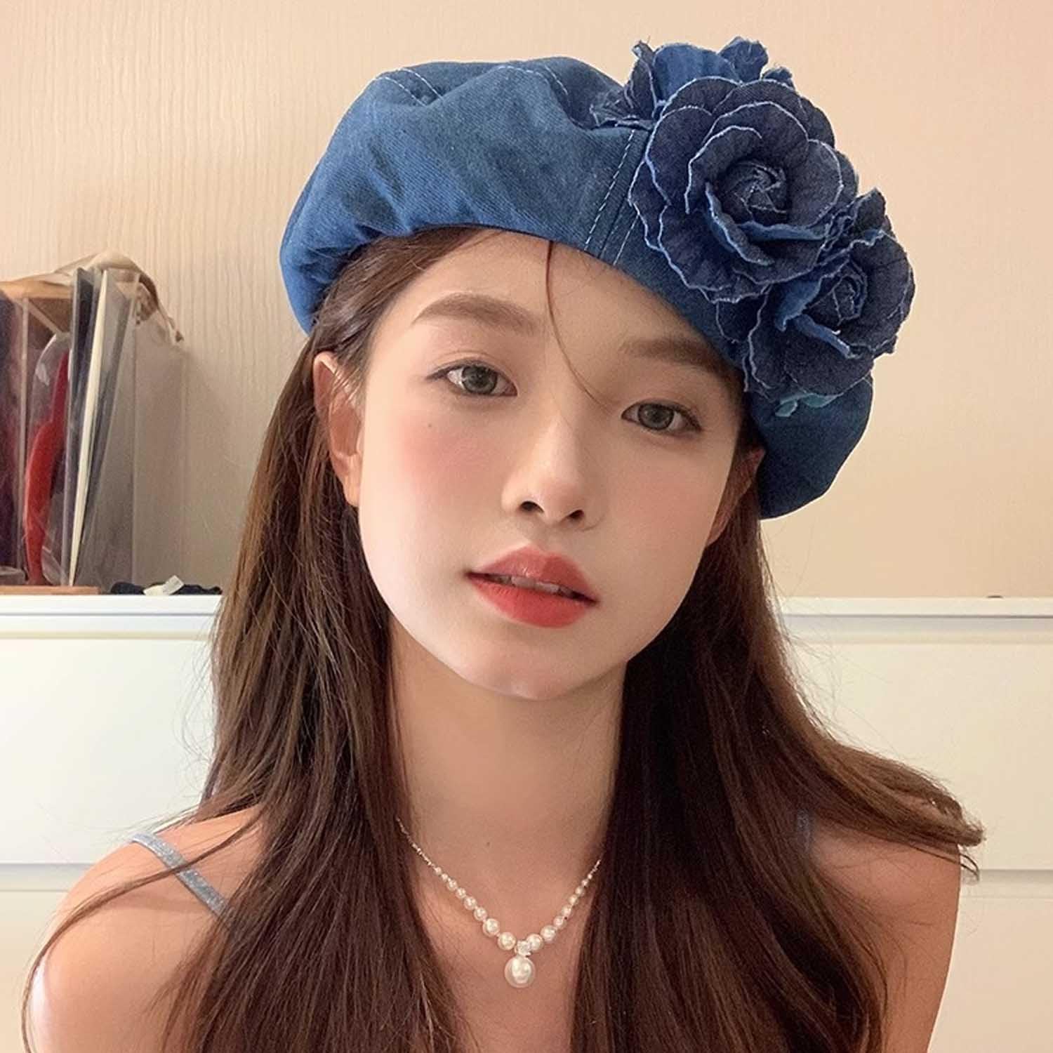 Denim Flower Beret Hat Painter Hat for Women French Hat Artist Hat Casual Sun Hat with Adjustable Strap