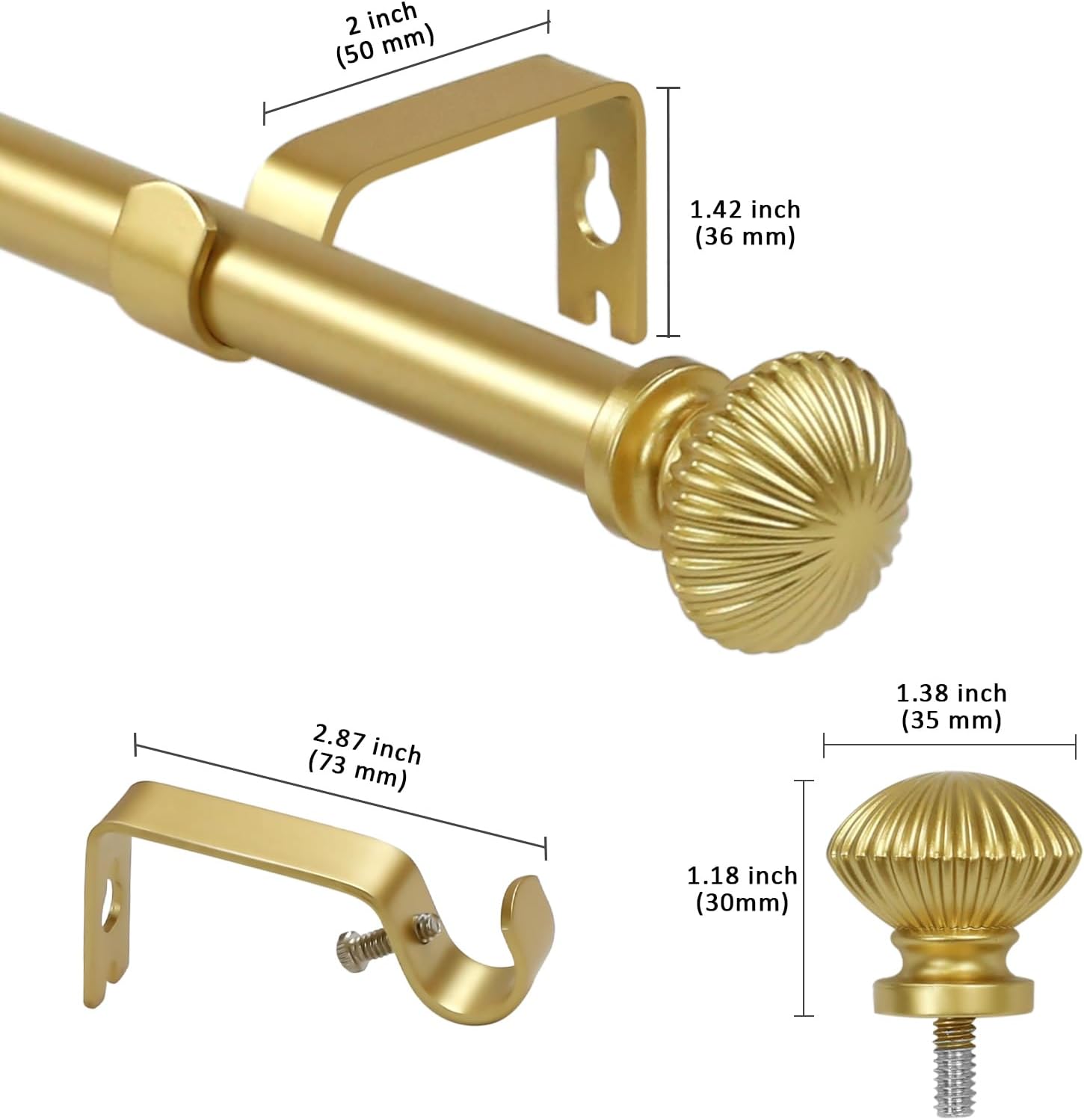 eTeckram 5/8" Single Curtain Rod with Bateau Finials,Gold,28‘’-48‘’