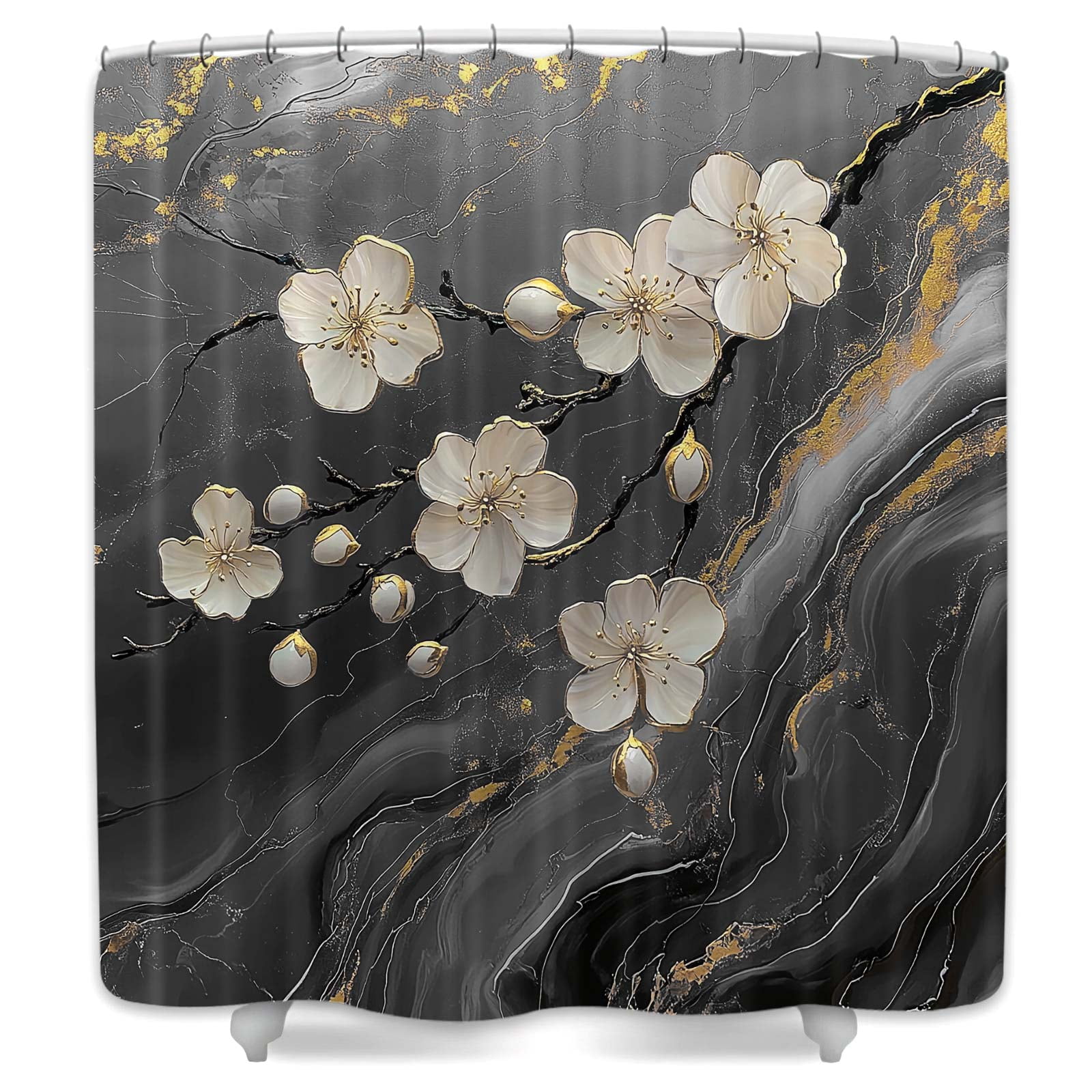 Black Grey Shower Curtain, Abstract Black Grey Marble 3D Floral Modern Luxury Shower Curtain Set for Bathroom, Waterproof Fabric Marble Bath Curtains with Hooks,72X72IN