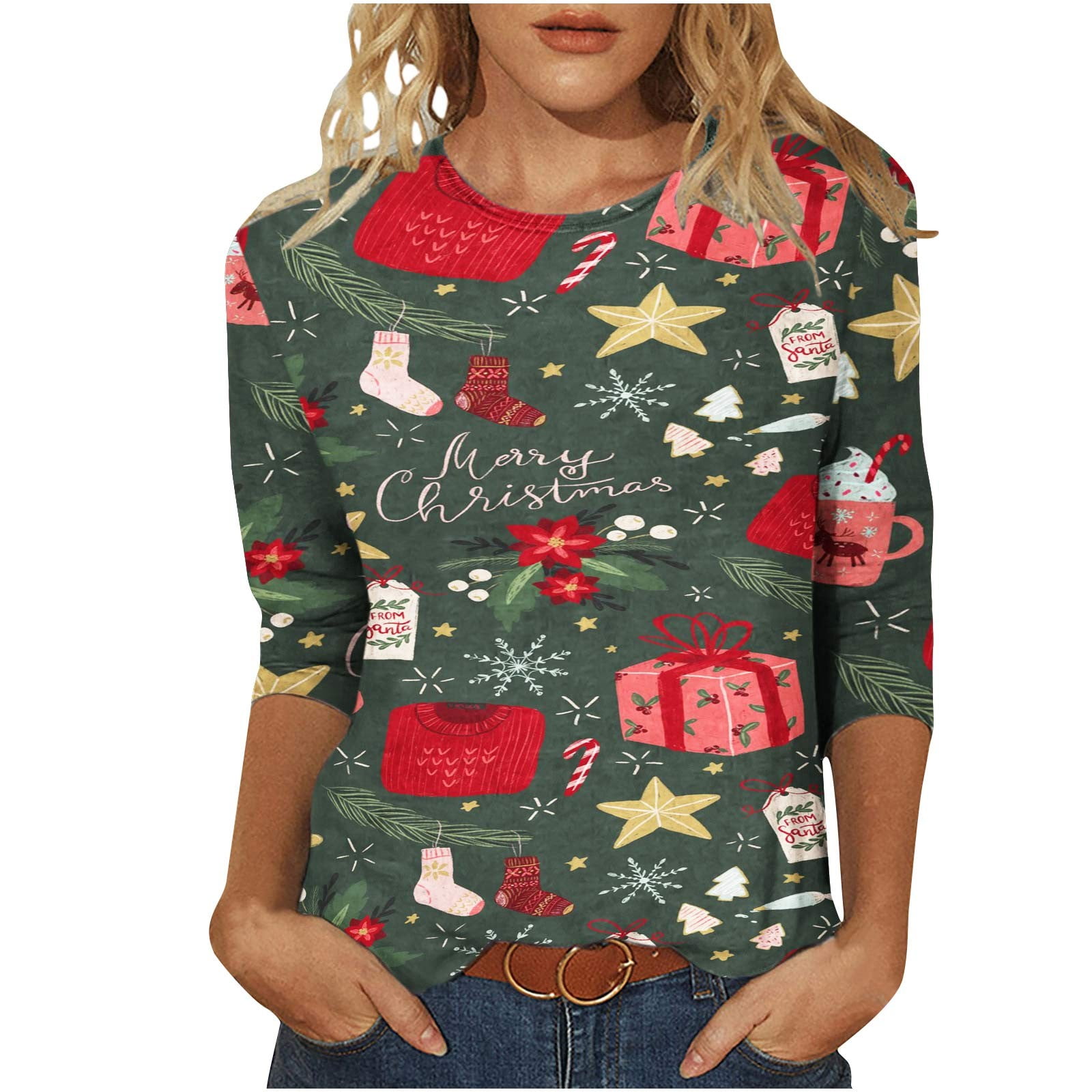 Christmas 3/4 Sleeve Shirts for Women Christmas Snowman Print Top Cute ...