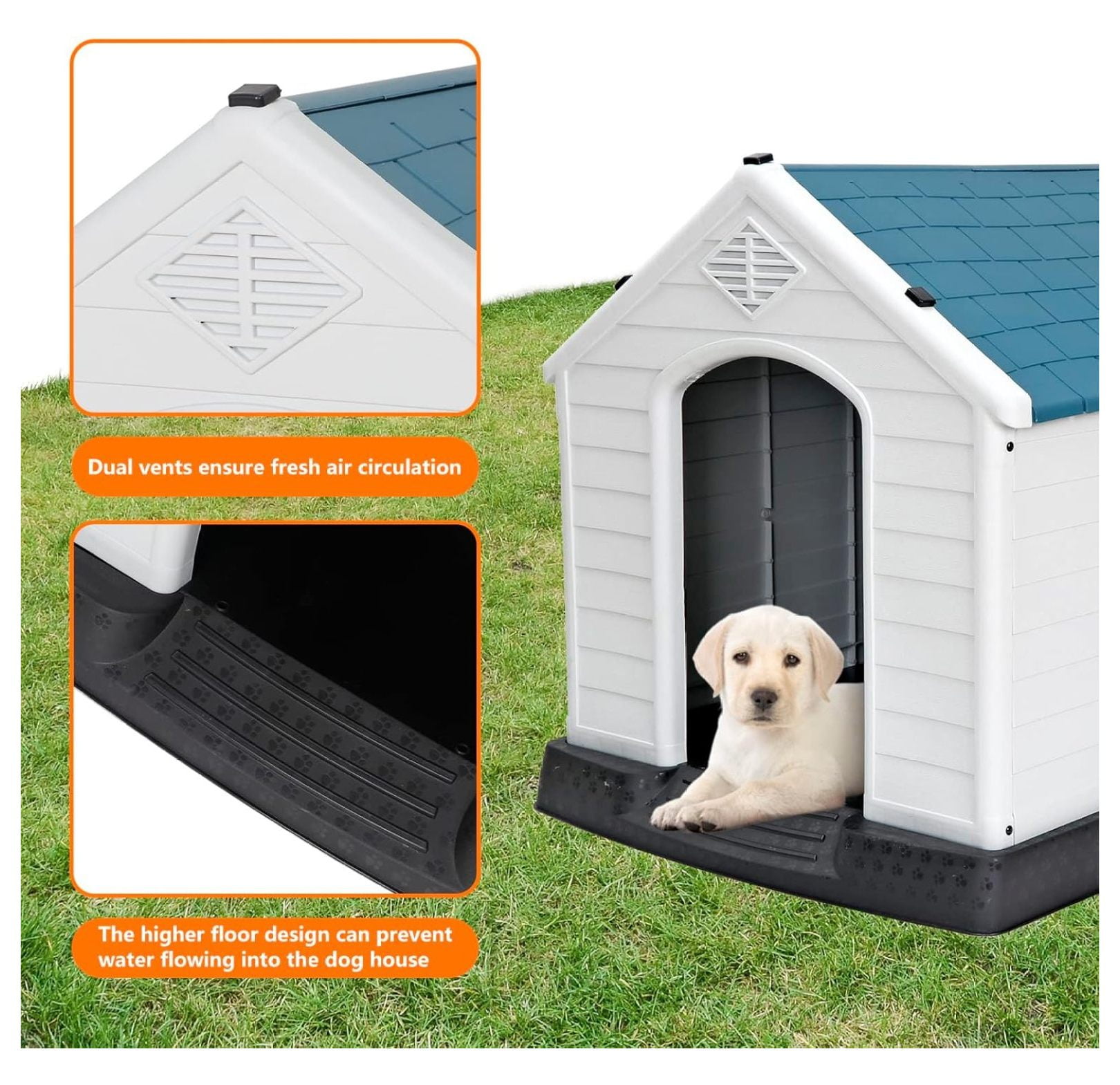 32" H Large Plastic Dog House Indoor Outdoor,Weather & Water Resistant Ventilate Pet Kennel for Small Medium Large Sized Dogs Cats,Puppy Shelter with & Elevated Floor(Blue)