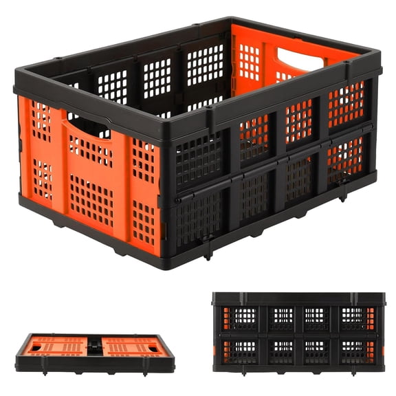 Collapsible Crate, 55L Foldable Plastic Milk Crate with Side Handles, Heavy Duty Stackable Containers Folding Storage Baskets for Food, Drinks, Books, Tools, Orange